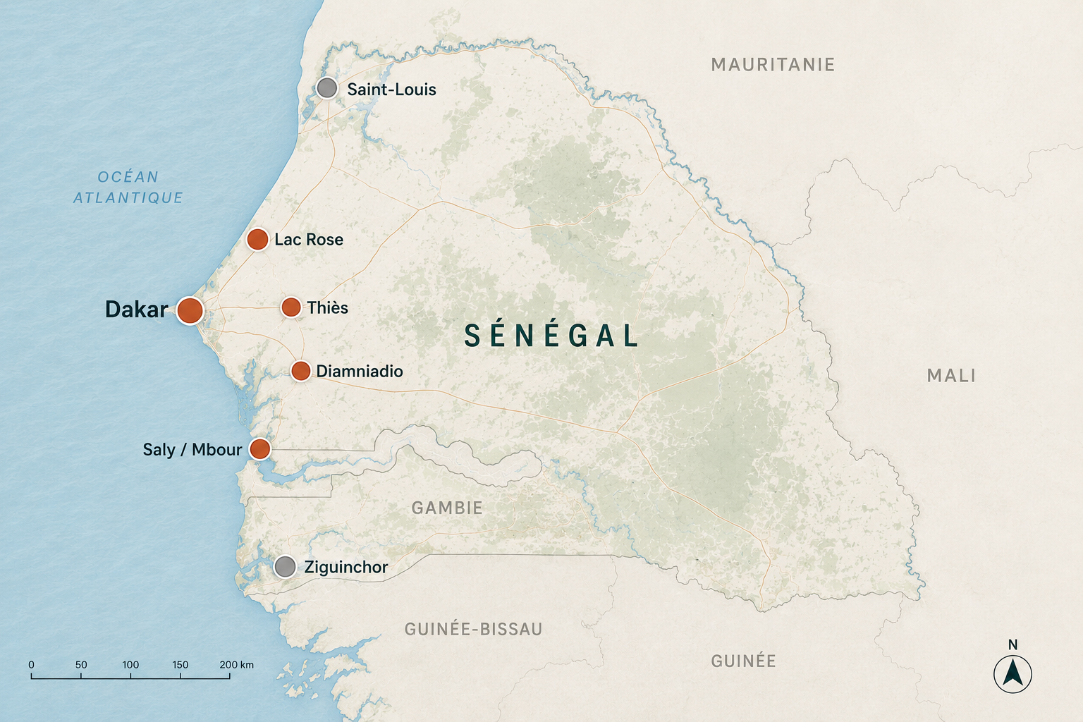 Carte du Sénégal montrant les principaux territoires actuellement suivis par TerraScores, dont Dakar, Lac Rose, Thiès, Diamniadio, Saly Mbour, Saint-Louis et Ziguinchor.