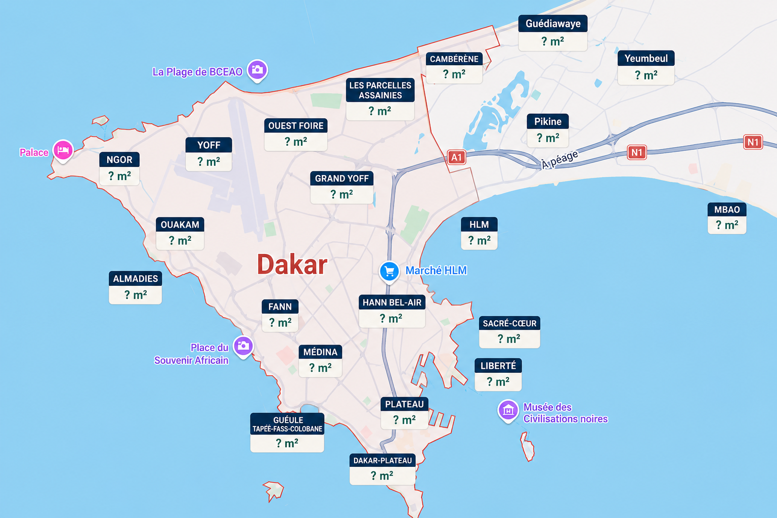 Carte de Dakar illustrant les repères de prix immobiliers par secteur